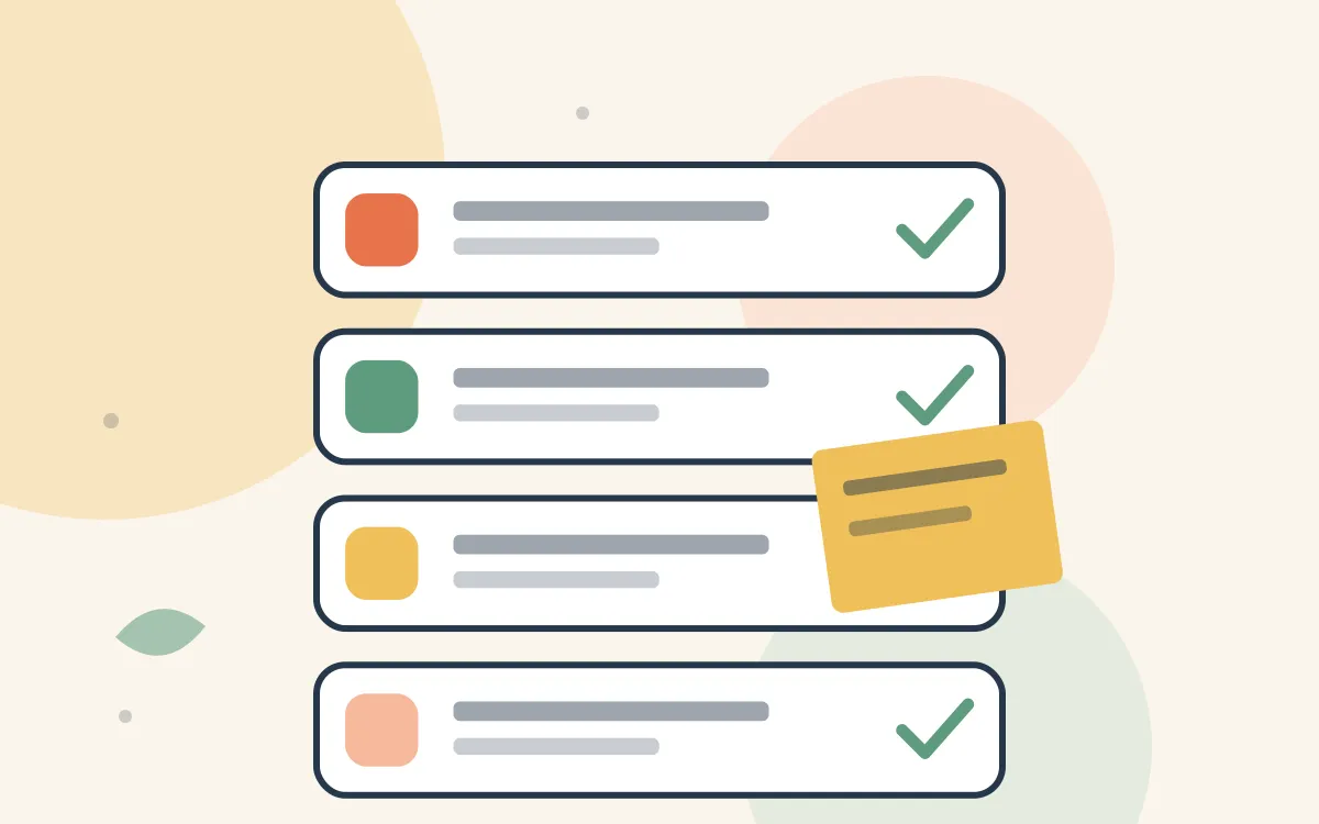 List rows with check marks and a note attached