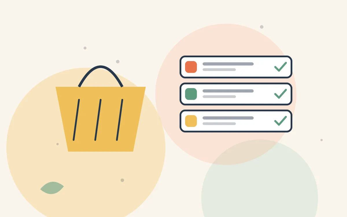 A shopping basket and a list facing each other on a cream background